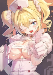 Rule 34 | 1girl, bandages, barbara (genshin impact), blonde hair, blood, blood on clothes, blood on face, blue eyes, breasts, drill hair, eyepatch, genshin impact, gloves, halloween, hat, highres, looking at viewer, medium breasts, nurse, nurse cap, open mouth, pointing, pumpkin, sarashi, scar, scar on face, smile, solo, soramiruku, twin drills, twintails, upper body, white gloves