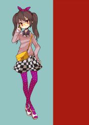 Rule 34 | 1girl, alternate costume, bag, bespectacled, blue background, bow, brown hair, checkered clothes, checkered skirt, collared shirt, contemporary, crossed legs, full body, glasses, hairband, hand on own hip, handbag, high heels, highres, himekaidou hatate, long hair, long sleeves, looking at viewer, nail polish, necktie, ngayope, open mouth, pantyhose, pointy ears, polka dot, polka dot bow, polka dot legwear, purple eyes, purple nails, purple pantyhose, red background, shirt, skirt, solo, standing, sweater, touhou, twintails
