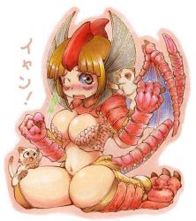 Rule 34 | 1girl, blush, breasts, brown eyes, brown hair, capcom, cat, cleavage, dragon girl, felyne, fins, head fins, ibukichi, large breasts, monster girl, monster hunter (series), navel, open mouth, personification, scales, tail, wings, yian kut-ku