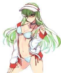Rule 34 | 1girl, bikini, breasts, c.c., cleavage, code geass, cowboy shot, creayus, detached collar, green hair, hand on own thigh, hat, jacket, legs apart, long hair, looking at viewer, navel, side-tie bikini bottom, simple background, solo, standing, stomach, striped bikini, striped clothes, swimsuit, vertical-striped bikini, vertical-striped clothes, very long hair, white background, yellow eyes