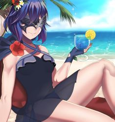 Rule 34 | 1girl, alternate hairstyle, arcedo, beach, bikini, bikini bottom only, blue bikini, blue cape, blue gloves, blue hair, blue sky, breasts, cape, cloud, cloudy sky, collarbone, cup, drinking glass, feet out of frame, fingerless gloves, fire emblem, fire emblem awakening, fire emblem heroes, flower, gloves, gradient hair, hair flower, hair ornament, halterneck, hand up, highres, holding, leaning back, legs, looking at viewer, lucina (fire emblem), marth (fire emblem awakening), mask, multicolored hair, nintendo, official alternate costume, purple hair, red flower, see-through, short hair, side-tie bikini bottom, sidelocks, sitting, sky, small breasts, smile, solo, swimsuit, thighs