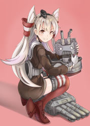 Rule 34 | 10s, 1girl, absurdres, amatsukaze (kancolle), blush, brown eyes, damaged, dress, full body, garter straps, gloves, hair tubes, highres, holding, kantai collection, long hair, long sleeves, looking at viewer, looking to the side, natsu (lilywai0981856227), rensouhou-kun, sailor dress, short dress, silver hair, simple background, single glove, solo, squatting, striped clothes, striped thighhighs, thighhighs, two side up, white gloves