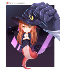 Rule 34 | 2girls, black dress, blacksaikou, border, breasts, chibi, cleavage, collarbone, dress, hair between eyes, hat, highres, holding person, lamia, miia (monster musume), mini person, minigirl, monster girl, monster musume no iru nichijou, multiple girls, pointy ears, pout, rachnera arachnera, red hair, scales, solo focus, white border, witch, witch hat, yellow eyes