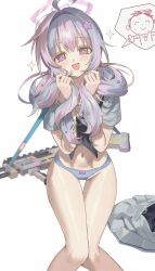 Rule 34 | + +, 1girl, absurdres, ahoge, doodle sensei (blue archive), black neckerchief, blue archive, blue panties, bow, bow panties, crop top, grey serafuku, grey skirt, gun, hair ornament, happy, highres, holding, holding hair, legs, long hair, looking at viewer, mell (dmwe3537), multicolored hair, navel, neckerchief, open mouth, panties, pink bow, pink hair, pleated skirt, purple hair, reisa (blue archive), sailor collar, school uniform, sensei (blue archive), serafuku, shotgun, simple background, skirt, unworn skirt, smile, solo, spoken character, star (symbol), star hair ornament, stomach, streaked hair, thighs, twintails, two-tone hair, underwear, weapon, white background, white sailor collar