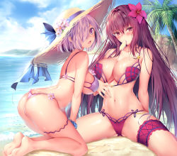 Rule 34 | 2girls, arm at side, artist name, ass, beach, big hair, bikini, bikini pull, blue sky, blush, breasts, bridal garter, butt crack, cleavage, clothes pull, cloud, cloudy sky, collarbone, commentary request, day, dot nose, fate/grand order, fate (series), flipped hair, flower, food, food in mouth, food on body, from behind, gluteal fold, hair between eyes, hair flower, hair intakes, hair ornament, hair over one eye, hand on own thigh, hand on thigh, hat, hibiscus, kneeling, large breasts, long hair, looking at viewer, looking back, mash kyrielight, mouth hold, multi-strapped bikini bottom, multi-strapped bikini top, multiple girls, navel, obiwan, ocean, on ground, open mouth, outdoors, palm tree, pink bikini, pink hair, popsicle, purple eyes, purple hair, sand, scathach (fate), scathach (fate/grand order), scathach (swimsuit assassin) (fate), short hair, sideboob, sitting, skindentation, sky, spread legs, stomach, string bikini, sun hat, swimsuit, thigh strap, tree, twitter username, very long hair, water