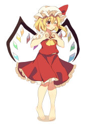 Rule 34 | 1girl, ;o, absurdres, ascot, barefoot, blonde hair, blush, commentary request, crystal, feet, flandre scarlet, full body, hat, hat ribbon, heart, heart hands, highres, knees together feet apart, looking at viewer, mob cap, multicolored wings, one eye closed, open mouth, pointy ears, puffy short sleeves, puffy sleeves, red eyes, red skirt, ribbon, seika okawari, shadow, short hair, short sleeves, side ponytail, simple background, skirt, skirt set, solo, toes, touhou, white background, white hat, wings, yellow ascot