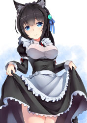 Rule 34 | 1girl, black hair, blue background, blue eyes, breasts, clothes lift, cowboy shot, hair ornament, long sleeves, looking at viewer, maid, ponytail, puffy long sleeves, puffy sleeves, ribbon, signature, skirt, skirt lift, smile, solo, toyozero, white background