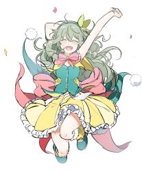 Rule 34 | 1girl, arms up, back bow, blush, bow, bowtie, buttons, closed eyes, confetti, dress, frilled dress, frills, green footwear, green hair, green hairband, hairband, highres, iwatnc, jumping, kusanagi nene, long hair, open mouth, pink bow, pink bowtie, pom pom (clothes), project sekai, shoes, simple background, smile, solo, very long hair, white background, yellow dress