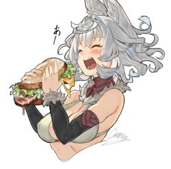 Rule 34 | 1girl, animal ears, blush, bread, breasts, check copyright, cleavage, copyright request, cropped torso, croriin, eating, closed eyes, food, grey hair, highres, lettuce, meat, open mouth, original, sandwich, short hair, signature, simple background, solo, upper body, white background