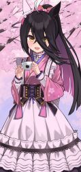 Rule 34 | 1girl, :d, ahoge, alternate costume, alternate hairstyle, animal ears, black hair, brown corset, cherry blossoms, corset, cup, ear covers, hair between eyes, highres, holding, holding cup, horse ears, horse girl, japanese clothes, kimono, kuronosu (yamada1230), long hair, maid, manhattan cafe (umamusume), manhattan cafe (verdant night) (umamusume), multicolored hair, open mouth, pink kimono, ponytail, single ear cover, skirt, smile, solo, teacup, tree, two-tone hair, umamusume, wa maid, white hair, white skirt, yellow eyes