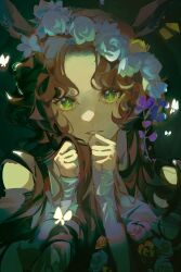 Rule 34 | 1girl, animal ears, bare shoulders, brown hair, bug, butterfly, dark background, deer ears, deer girl, ear tag, flower, flower wreath, green eyes, hands up, highres, holding, holding own hair, insect, jessica (reverse:1999), long hair, looking at viewer, off shoulder, parted lips, portrait, reverse:1999, rose, shirt, sleeves past wrists, solo, sucipto de goya, white butterfly, white flower, white rose, white shirt