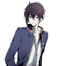 Rule 34 | 1boy, blazer, blue jacket, blue necktie, brown eyes, closed mouth, collared shirt, dance with devils, jacket, long sleeves, looking at viewer, male focus, natsumezaka shiki, necktie, pout, purple hair, qi7pi, shirt, short hair, solo, white background, white shirt