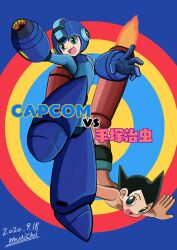 Rule 34 | 2boys, agetatekoron2, arm cannon, atom (tetsuwan atom), black hair, black shorts, blue background, blue bodysuit, blue eyes, blue helmet, bodysuit, crossover, dated, full body, helmet, highres, looking at viewer, male focus, mega buster, mega man (character), mega man (classic), mega man (series), multiple boys, shorts, signature, smile, tetsuwan atom, topless, trait connection, weapon