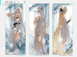 Rule 34 | 3girls, absurdly long hair, alternate costume, animal ears, anklet, arknights, bare shoulders, barefoot, bikini, black bow, blonde hair, blue eyes, blunt bangs, bonnet, bow, bracelet, breasts, cleavage, criss-cross halter, cup, detached sleeves, dress, drink, drinking glass, flower, halo, halter dress, halterneck, hand on own chest, hands in hair, highres, holding, holding cup, horns, horns through headwear, horse ears, jewelry, laurel crown, leg up, lily (flower), long hair, medium breasts, multiple girls, nightingale (arknights), off-shoulder dress, off shoulder, official alternate costume, parted lips, pillar, platinum (arknights), platinum (shimmering dew) (arknights), puffy short sleeves, puffy sleeves, red eyes, see-through, short sleeves, sitting, skadi (arknights), standing, swimsuit, swimsuit cover-up, thighlet, underbust, very long hair, water, white bikini, white dress, white flower, white headwear, yellow eyes, zhanzhan lan