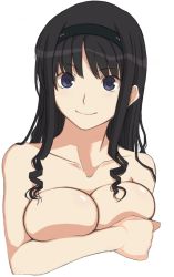 Rule 34 | 1girl, amagami, black hair, blue eyes, breast hold, breasts squeezed together, breasts, completely nude, female focus, hairband, kamimiya, long hair, morishima haruka, nude, smile, solo, topless frame, upper body