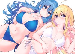 Rule 34 | 2girls, absurdres, ahoge, bare shoulders, bikini, blonde hair, blue bikini, blue eyes, blue hair, blush, breasts, cleavage, closed mouth, cu-no, fingernails, hair ornament, hairclip, hakurei botan, hands on own chest, highleg, highleg bikini, highres, hisen kaede, kohitsuji ai, large breasts, lips, long hair, looking at viewer, multiple girls, nail polish, navel, purple eyes, scan, simple background, smile, stomach, swimsuit, thighs, white background, white bikini