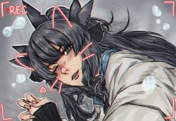 Rule 34 | 1girl, animal ears, artemis of the blue, black eyes, black hair, claw pose, close-up, commentary, english commentary, face filter, fake animal ears, fake whiskers, heart, indie virtual youtuber, long hair, looking up, nabi (sothisu), parted lips, ponytail, recording, sharp teeth, solo, teeth, virtual youtuber, whiskers