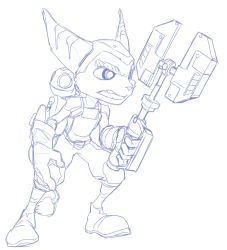 Rule 34 | 2boys, angry, blue theme, clank (ratchet &amp; clank), full body, furry, furry male, highres, male focus, monochrome, multiple boys, nachonachoz, ratchet &amp; clank, ratchet (ratchet &amp; clank), robot, sketch, solo, white background, wrench