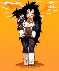 Rule 34 | 2boys, aged down, alternate universe, armor, black hair, boots, brothers, carrying, dragon ball, dragonball z, gloves, long hair, makumaku, multiple boys, orange background, piggyback, raditz, siblings, simple background, size difference, son goku, spiked hair, tail, tears