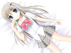 Rule 34 | 1girl, bat hair ornament, bed sheet, blue eyes, bow, bowtie, from above, hair ornament, highres, kud wafter, little busters!, long hair, looking at viewer, lying, noumi kudryavka, plaid, plaid skirt, pleated skirt, riria (happy strawberry), school uniform, silver hair, skirt, smile, solo