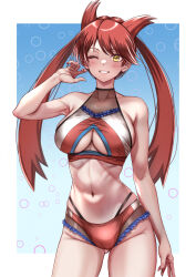 Rule 34 | 1girl, arm up, armpits, bare shoulders, bikini, blush, breasts, cleavage, collarbone, commentary request, cowboy shot, creatures (company), game freak, gen 3 pokemon, gluteal fold, grin, groin, hair ears, highres, large breasts, latias, layered bikini, legendary pokemon, looking at viewer, midriff, multicolored bikini, multicolored clothes, navel, nintendo, one eye closed, personification, pokemon, red bikini, red hair, sidelocks, skindentation, smile, solo, standing, swept bangs, swimsuit, takecha, teeth, twintails, white bikini, yellow eyes