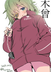 Rule 34 | 1girl, character name, commentary request, dated, eyepatch, fish bone, from below, fujii rino, green eyes, green hair, hand in pocket, jacket, kantai collection, kiso (kancolle), kiso kai ni (kancolle), official alternate costume, one-hour drawing challenge, panties, pantyshot, red jacket, short hair, simple background, solo, tongue, tongue out, twitter username, underwear, white background