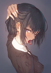Rule 34 | 1girl, arm behind head, aya shobon, back, bad id, bad pixiv id, black hair, breasts, covered erect nipples, ear piercing, looking at viewer, looking back, medium breasts, open mouth, original, piercing, purple eyes, short hair, solo, tongue, tongue out, tongue piercing, upper body
