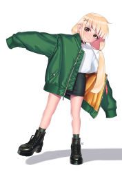 Rule 34 | 1girl, absurdres, black choker, black footwear, black skirt, blonde hair, bomber jacket, boots, brown eyes, choker, closed mouth, full body, futaba anzu, green jacket, hair ornament, highres, idolmaster, idolmaster cinderella girls, jacket, long hair, looking at viewer, low twintails, nanja, open clothes, open jacket, shadow, shirt, skirt, sleeves past wrists, smile, socks, solo, standing, standing on one leg, twintails, white shirt, x hair ornament