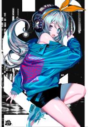 Rule 34 | 1girl, absurdres, afternooners, aqua eyes, bad id, bad twitter id, belt, black background, black shorts, blue belt, blue footwear, blue jacket, blue shirt, cowboy shot, fang, from side, hairband, headphones, heterochromia, highres, jacket, leg up, long hair, looking at viewer, original, pointing, purple eyes, shirt, shoes, shorts, signature, skin fang, sneakers, solo, v, white footwear, yellow hairband
