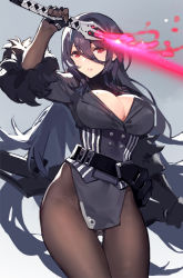 Rule 34 | 1girl, belt, black hair, black jacket, black pantyhose, breasts, cleavage, commentary request, cowboy shot, fur trim, glowing, glowing sword, glowing weapon, hair between eyes, holding, holding sword, holding weapon, iron saga, jacket, kishiyo, large breasts, lips, long hair, looking at viewer, md5 mismatch, oboro (iron saga), original, pantyhose, parted lips, pelvic curtain, revision, solo, sword, weapon