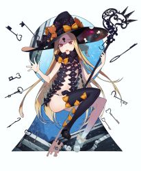 Rule 34 | 1girl, abigail williams (fate), abigail williams (third ascension) (fate), blonde hair, bow, fate/grand order, fate (series), hat, highres, key, keyhole, long hair, orange bow, panties, polka dot, polka dot bow, red eyes, shiba inu (happy13227), single thighhigh, solo, thighhighs, underwear, witch hat