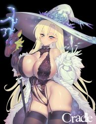 Rule 34 | 1girl, black background, black thighhighs, blonde hair, blue eyes, blush, breasts, character request, closed mouth, commentary request, copyright request, earrings, elbow gloves, gloves, hand up, hat, highres, holding, holding staff, huge breasts, jewelry, large hat, mole, mole on breast, navel, revealing clothes, sideboob, simple background, smile, solo, staff, suerte, thighhighs, thighs, white gloves, witch hat