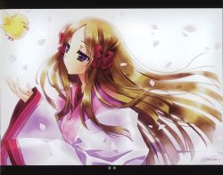 Rule 34 | 00s, 1girl, absurdres, artist name, azuma hatsumi, bird, blonde hair, bow, carnelian, floating hair, fujihime, hair bow, half-closed eyes, highres, japanese clothes, ken-chan, kimono, letterboxed, light smile, long hair, official art, outstretched hand, petals, purple eyes, red bow, signature, very long hair, white background, yami to boushi to hon no tabibito