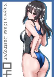 Rule 34 | 1girl, absurdres, ass, back, black hair, black one-piece swimsuit, blue one-piece swimsuit, breasts, character name, competition swimsuit, grey eyes, hair ornament, hairclip, highres, kantai collection, long hair, looking at viewer, looking back, medium breasts, multicolored clothes, multicolored swimsuit, one-piece swimsuit, oyashio (kancolle), solo, swimsuit, tokiwa senkei
