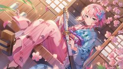 Rule 34 | 1girl, alchemy stars, auro drm, brown eyes, character request, cherry blossoms, closed mouth, floral print, highres, hiiro (alchemy stars), holding, holding weapon, japanese clothes, katana, kimono, looking at viewer, medium hair, okobo, outdoors, petals, pink hair, sandals, sitting, solo, sword, weapon