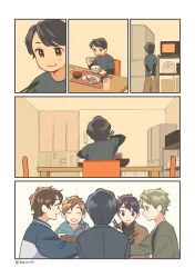 Rule 34 | 5boys, absurdres, aged down, black hair, black jacket, blue hoodie, blue shirt, bowl, brown hair, chair, chopsticks, comic, cup, drinking glass, eating, flashback, from behind, highres, holding, holding bowl, holding chopsticks, hood, hood down, hoodie, jacket, kojiro337, long sleeves, microwave, multiple boys, multiple views, original, parted bangs, placemat, purple hair, refrigerator, sepia, shirt, signature, silent comic, swept bangs, table, wooden table