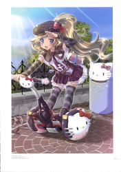 Rule 34 | 1girl, :d, absurdres, blonde hair, cabbie hat, detached sleeves, hat, hello kitty, hello kitty to issho!, highres, komatsu eiji, lolita fashion, open mouth, ponytail, purple eyes, salute, sanrio, segway, smile, striped clothes, striped thighhighs, thighhighs, trash can