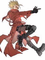 Rule 34 | 1boy, black gloves, blue eyes, boots, coat, finger gun, full body, gloves, highres, iria arts, jewelry, light smile, male focus, red coat, ring, simple background, solo, sunglasses, trigun, vash the stampede, white background