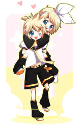 Rule 34 | 1boy, 1girl, blonde hair, blue eyes, blush, brother and sister, chikkuru, detached sleeves, kagamine len, kagamine rin, one eye closed, open mouth, ribbon, short hair, siblings, twins, vocaloid, wink