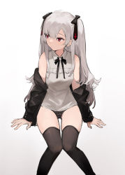 Rule 34 | 1girl, aiko (kanl), bare shoulders, black jacket, black panties, black thighhighs, collared shirt, hair ribbon, invisible chair, jacket, long hair, long sleeves, looking away, neck ribbon, no pants, off shoulder, open clothes, open jacket, original, panties, red eyes, ribbon, shirt, silver hair, simple background, sitting, sleeveless, sleeveless shirt, solo, tana (aiko), thighhighs, thighs, two side up, underwear, white background, white shirt