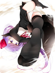 Rule 34 | 1girl, ass, bb (fate), bb (fate/extra), black dress, blush, breasts, commentary request, dress, fate/extra, fate/extra ccc, fate (series), feet, foot focus, foreshortening, from below, hair between eyes, hair spread out, jacket, lace, lace-trimmed legwear, lace trim, leotard, long hair, long sleeves, looking at viewer, medium breasts, motion lines, neck ribbon, no shoes, oouso, open clothes, open jacket, purple eyes, purple hair, red ribbon, ribbon, simple background, soles, solo, thighhighs, thighs, upside-down, very long hair, white background, white leotard
