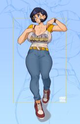 Rule 34 | 1girl, artist name, belt, black hair, blue background, blue eyes, blue pants, blush, bracelet, breasts, collarbone, commentary, commission, denim, frown, hair behind ear, highres, jeans, jewelry, large breasts, orange belt, original, pants, print shirt, red footwear, shirt, shirt tucked in, shoes, short hair, sneakers, snowcie, solo, sweat, symbol-only commentary, thick thighs, thighs