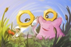 Rule 34 | black eyes, blue sky, creatures (company), day, ditto, eye contact, game freak, gen 1 pokemon, gen 7 pokemon, grass, high five, highres, looking at another, meltan, mythical pokemon, nintendo, no humans, open mouth, outdoors, pokemon, pokemon (creature), sky, traceysketchit