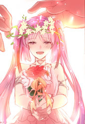 Rule 34 | 1girl, :d, bangle, blush, bracelet, dress, euryale (fate), fate/grand order, fate/hollow ataraxia, fate (series), flower, highres, jewelry, long hair, necklace, open mouth, purple hair, smile, solo focus, twintails, wreath, ycco (estrella)