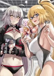 Rule 34 | 2girls, :d, ahoge, asakura kukuri, between breasts, bikini, black-framed eyewear, black bikini, black choker, black gloves, black jacket, blue eyes, blush, breasts, choker, competition swimsuit, convention, cropped jacket, fate/grand order, fate (series), glasses, gloves, hair between eyes, highres, indoors, jacket, jeanne d&#039;arc alter (swimsuit berserker) (fate), jeanne d&#039;arc (fate), jeanne d&#039;arc (ruler) (fate), jeanne d&#039;arc (swimsuit archer) (fate), jeanne d&#039;arc (swimsuit archer) (second ascension) (fate), jeanne d&#039;arc alter (fate), jeanne d&#039;arc alter (swimsuit berserker) (fate), large breasts, long hair, lying, manga (object), meta, multiple girls, navel, neckwear between breasts, nipples, o-ring, o-ring bikini, o-ring bottom, o-ring top, on back, one-piece swimsuit, open mouth, pale skin, ponytail, pornography, sideboob, silver hair, smile, standing, swimsuit, thighs, very long hair, white one-piece swimsuit, yellow eyes