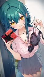 Rule 34 | 1girl, absurdres, black bow, black bra, black ribbon, blue hair, blush, bow, box, box of chocolates, bra, unworn bra, breasts, cleavage, collared shirt, commentary, commentary request, crossed bangs, gift, gift box, green hair, grey skirt, grin, hair between eyes, hair intakes, highres, holding, holding box, holding bra, holding clothes, holding gift, holding underwear, incoming gift, indoors, itohana, large breasts, long hair, looking at viewer, original, partially undressed, pink shirt, pleated skirt, ribbon, shirt, sidelocks, skirt, smile, underwear, undressing, valentine, yellow eyes