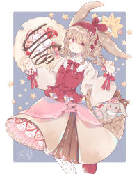 Rule 34 | 1girl, absurdres, animal ears, basket, blouse, blue background, border, bow, bowtie, braid, brown hair, brown skirt, chocolate syrup, commentary request, crepe, food, fruit, hairband, highres, long hair, long sleeves, looking at viewer, muto 095, original, outside border, pantyhose, parted lips, personification, petticoat, pink skirt, rabbit, rabbit ears, red bow, red bowtie, red eyes, red footwear, red hairband, red vest, shirt, signature, skirt, solo, star (symbol), strawberry, striped bow, striped bowtie, striped clothes, sweets, twin braids, vest, whipped cream, white border, white pantyhose, white shirt