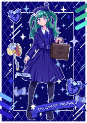 Rule 34 | 1girl, bag, beret, black footwear, black pantyhose, blue background, blue eyes, blue hat, blue jacket, blue ribbon, blue skirt, blue theme, blunt bangs, blunt ends, border, brown bag, character name, closed mouth, copyright name, formal, full body, green hair, hat, highres, holding, holding bag, idol land pripara, jacket, key, keyhole, lock, long hair, long sleeves, looking at viewer, neck ribbon, outline, pantyhose, pleated skirt, pretty series, pripara, ribbon, satowa (circuit), shoes, skirt, skirt hold, smile, solo, standing, tsukikawa chili, two side up, white border, white outline