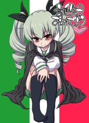 Rule 34 | 10s, 1girl, alternate costume, anchovy (girls und panzer), black neckerchief, black ribbon, black socks, blouse, capelet, closed mouth, commentary request, drill hair, flag background, full body, girls und panzer, green hair, green skirt, hair ribbon, hanya (hanya yashiki), happy birthday, hugging own legs, italian flag, kneehighs, long hair, long sleeves, looking at viewer, miniskirt, neckerchief, no shoes, ooarai school uniform, pleated skirt, red eyes, ribbon, school uniform, serafuku, shirt, skirt, smile, socks, solo, twin drills, twintails, white shirt
