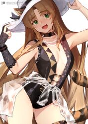 Rule 34 | 1girl, animal ears, arknights, black choker, black gloves, breasts, brown hair, center opening, choker, cowboy shot, ears through headwear, fang, gloves, green eyes, hands on headwear, hat, highres, long hair, nashidrop, open mouth, paid reward available, partially fingerless gloves, simple background, small breasts, solo, swimsuit, swire (arknights), tail, thighs, tiger ears, tiger girl, tiger tail, white background, white hat